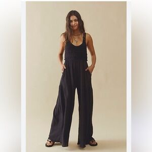 Free People SOLEIL WIDE LEG ONE PIECE CROCHET TOP JUMPSUIT BLACK SP
